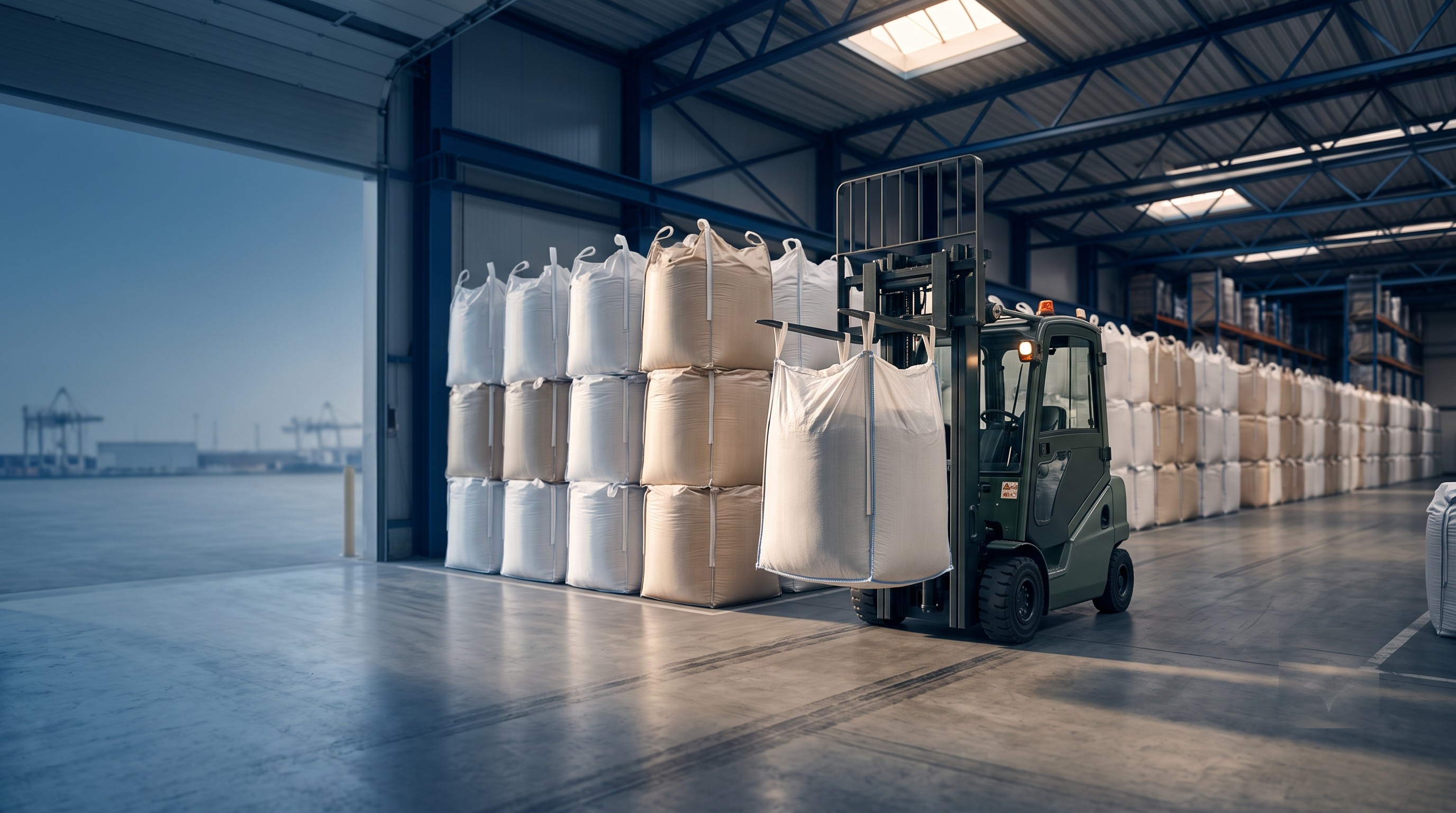 Big bags of commodity moved by forklift in a warehouse