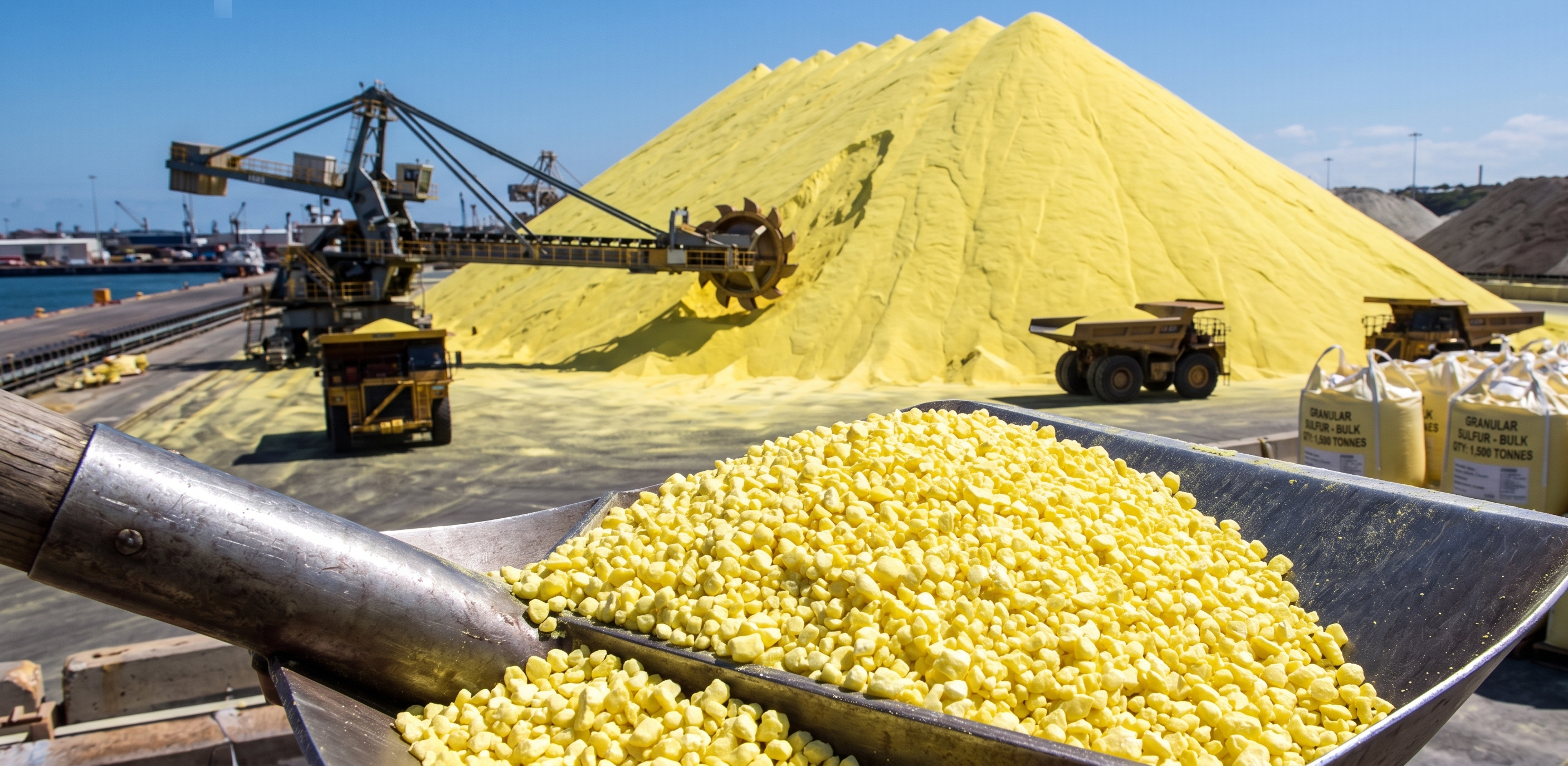 Granular yellow sulfur at a port terminal