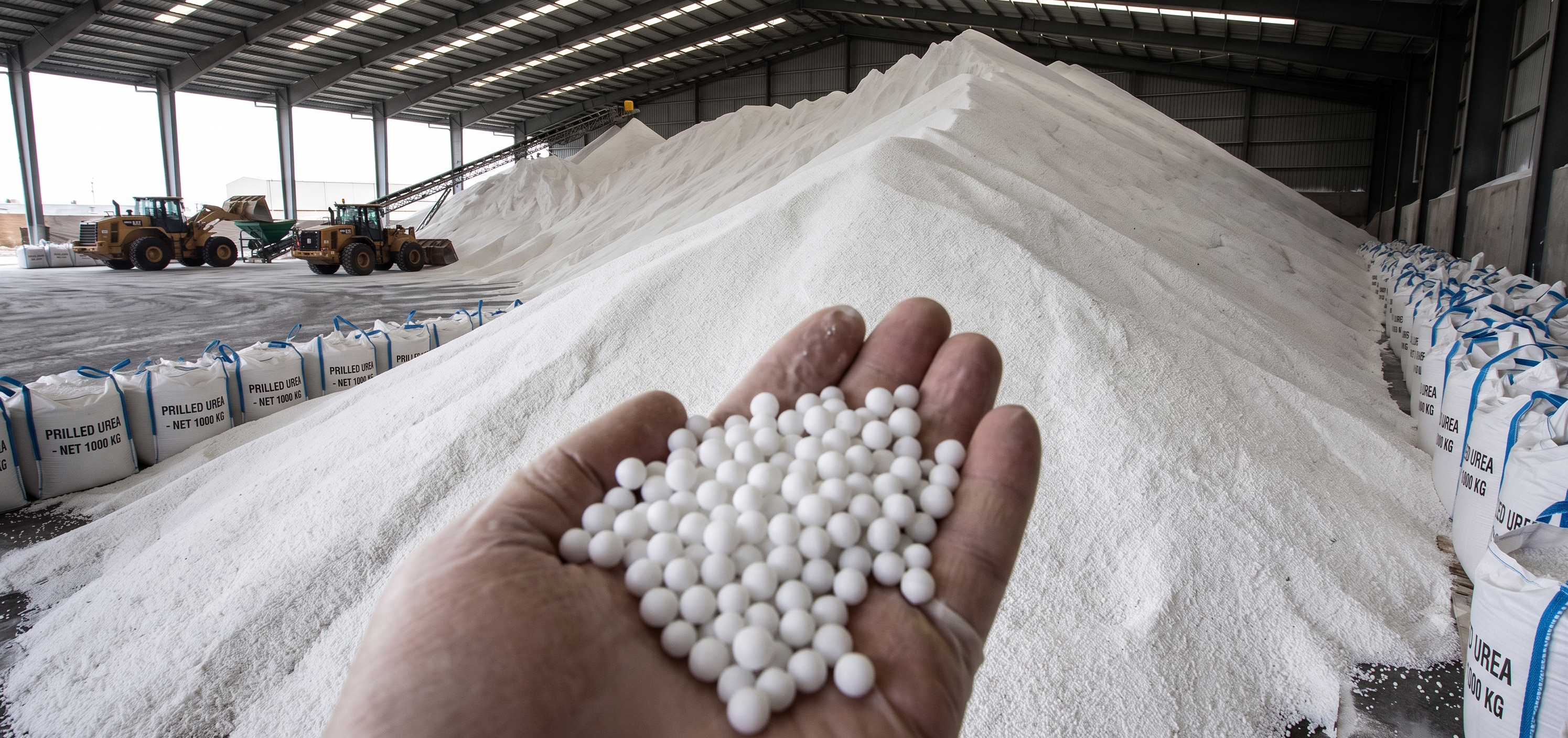Prilled urea stored in a warehouse with big bags